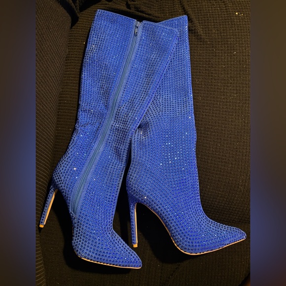 Shoes - Size 8 / Blue Crystal-Stone High Heel Boots - Women